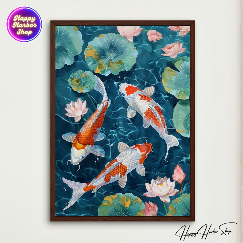 japanese koi fish painting, pond with lotus flowers and lilies