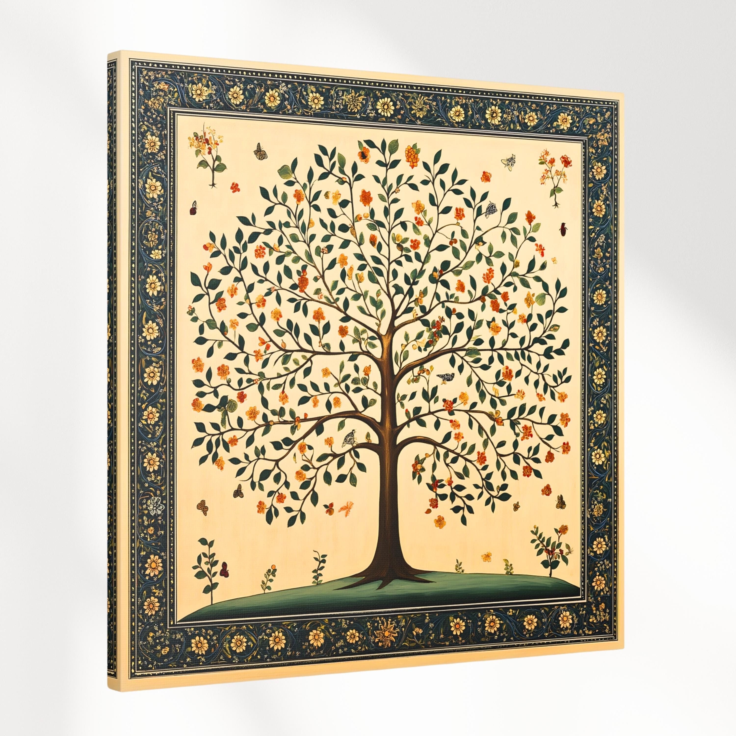 Canvas Pichwai Tree of Life Painting, Vintage Kalamkari Wall Art, Blossoming Tree Floral Print, Traditional Indian Folk Art