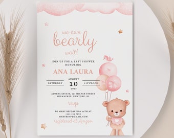 Ours en peluche rose modèle d'invitation de douche de bébé, nous pouvons attendre de nounours fille invitation de douche de bébé, ours avec ballons téléchargement de douche de bébé, bricolage