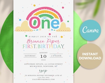 Pastel Rainbow 1st Birthday Invitation, Editable Canva Template (Digital Download)
