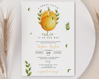 Orange Greenery Baby Shower Invitation, Gender Neutral, DIY Canva