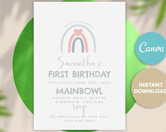 Pastel Rainbow 1st Birthday Invitation, Girl Rainbow Party (Canva, Digital Download)