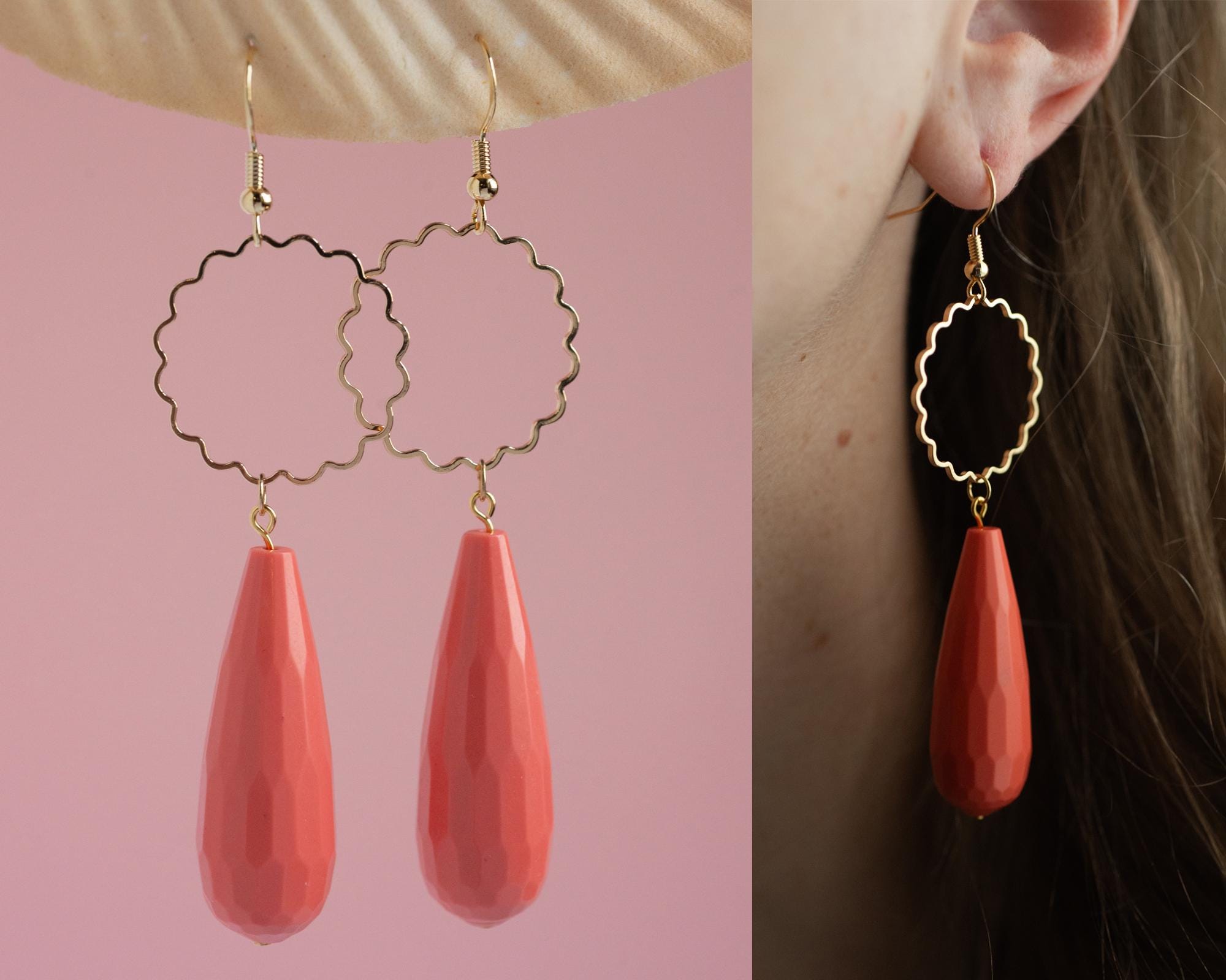 Vintage Coral Bead Dangle Earrings, Coral Faceted Teardrop Earrings, 18K Gold Plated, Limited supply, Vintage Beads