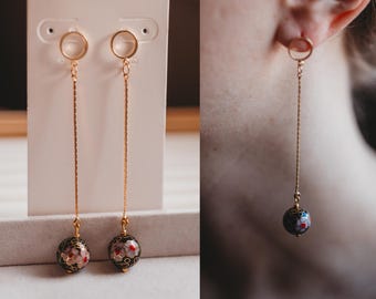 Gold Vintage Cloisonné Bead Earrings, Gold Dangle Earrings, Vintage Chinese Beads