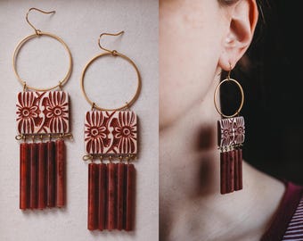 Boho Vintage Beaded Brass Earrings, Vintage Maroon Beads, Boho Earrings, 1970&#39;s Inspired Jewelry