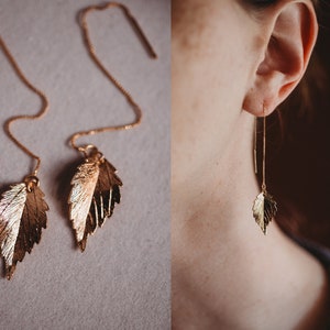 Gold Leaf Threader Earrings, Gold Plated Threaders, Minimalist Jewelry, Fall Earrings, Falling Leaves, Modern Earrings