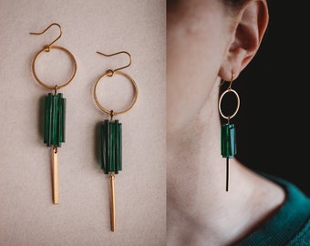 Dangly Brass Earrings with Vintage Emerald Bead, Raw Brass Jewelry, Boho, Vintage 1950s Bead, Modern Brass Earrings, Geometric Earrings