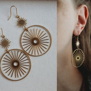 Boho Brass Sunburst Dangle Earrings, Geometric Jewelry