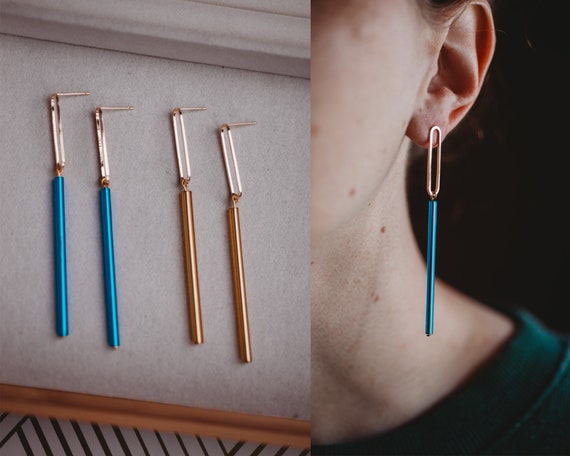 Vintage Bugle Bead Dangle Earrings, 18K Gold Plated Posts