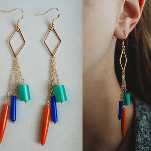 Gold Vintage Lucite Beads Dangle Earrings, 1960&#39;s Harlequin Inspired Jewelry, 18K Gold Plated, Retro Vintage Long Earrings