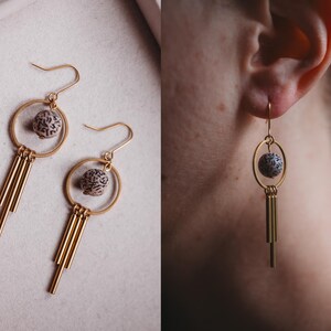 Brass Geometric Fringe Earrings, Vintage Patterned Bead, Minimalist Boho Jewelry
