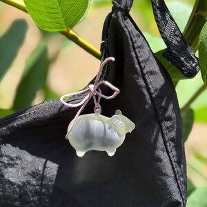 May include: A clear, frosted glass sheep ornament with a pink string bow, hanging against a black fabric background. The sheep has visible details and is suspended from a branch with green leaves.