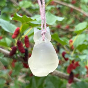 May include: A translucent cat-shaped pendant hanging from a pink string. The pendant is smooth and glows softly. The background features green leaves and red berries, creating a natural setting. The pendant is a unique accessory.