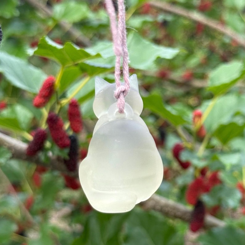 May include: A translucent cat-shaped pendant hanging from a pink string. The pendant is smooth and glows softly. The background features green leaves and red berries, creating a natural setting. The pendant is a unique accessory.