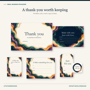 May include: A collection of printable small business packaging cards, inserts, tags, and labels featuring wavy, multicolored abstract borders in shades of orange, purple, and teal with gold accents and text including Thank you, Made with care, and Just for you.