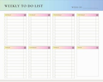 Wekelijkse takenlijstplanner | Afdrukbare digitale planner voor productiviteit | Pdf direct downloaden