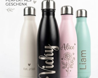 Personalisierte Thermosflasche mit Namen, Edelstahl Trinkflasche Gravur, Individuelles Geschenk, Isolierflasche Lasergravur, Stainless Steel