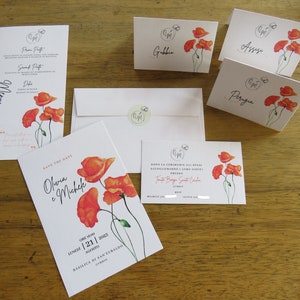 Partecipazione Matrimonio: set invito, menu, segnaposto a tema papavero
