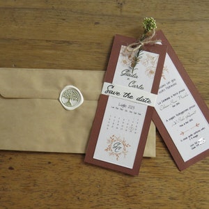 Wedding invitation bookmark style, rustic and elegant. Envelope with sealing wax closure