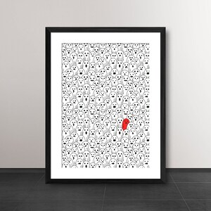 May include: A black and white illustration of a crowd of ghosts with one red ghost standing out in the middle.