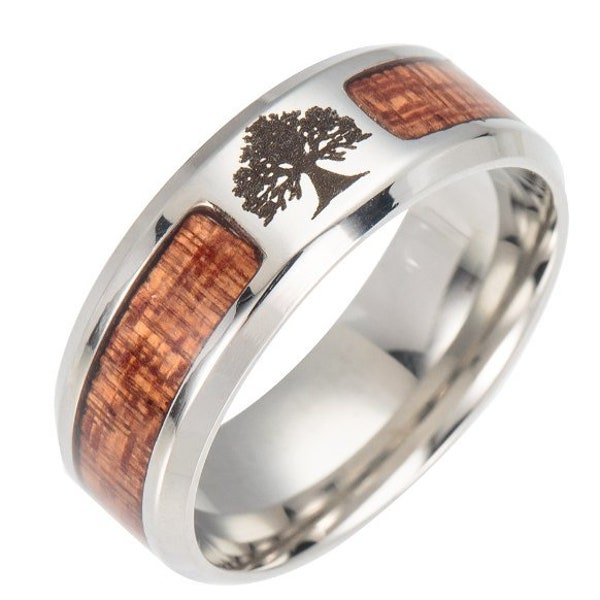 Bague Homme Acier et bois effet artistique avec Gravure