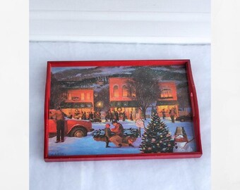 Vintage Hallmark wooden Christmas serving tray with handles. .  Jan Karon for Hallmark.  Decorative holiday tray.  Christmas decoration.