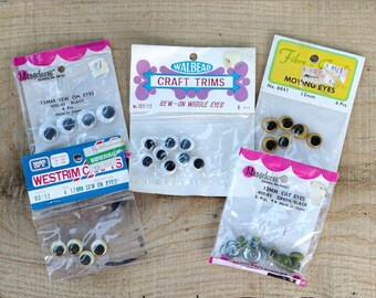 Vintage Sew On Wiggle Eyes, Crafting Variety googly eyes.  5 assorted packages.