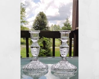Vintage Crystal Cut Glass Candlesticks with Frosted Accents.