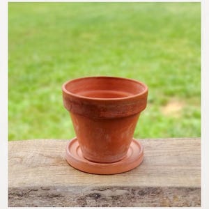 May include: A terracotta flower pot with a matching circular saucer. The pot features a wide, thick rim and a tapered body with a natural, earthy reddish-brown color and a matte, porous texture. The saucer is flat with a slightly raised edge.