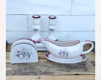Vintage royal seasons snowman stoneware set.  Christmas  gravy boat / saucer. napkin holder. candle sticks.  Holiday serving pieces.