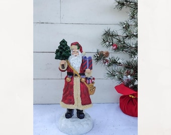Vintage Christmas Santa clause figurine. Poly resin. Hand painted. W/Toy bag, tree and gifts.  Kris Kringle. Vintage St. nick. 9.5" tall