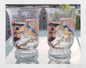 Vintage hurricane tealight candleholders (2). Birdhouse.  Mouth blown. Hand painted. Crackled glass.  made by fifth Avenue crystal Ltd.  6"