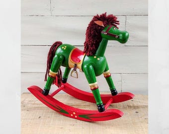 Vintage Christmas rocking horse. Hand painted. Yarn mane and tail. 1950s-60s.   Vintage Christmas decor.