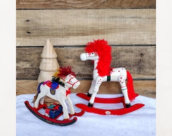 Vintage wooden rocking horses. Pair.  Christmas rocking horses. Rocking horse figurines. Vintage Christmas decor. Pony figurines.  7" & 5.5"
