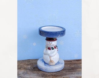 Vintage home interiors Homco ceramic snowman pillar candle holder.  Snowman pedestal candle.  Christmas candle holder.  Holiday candle.