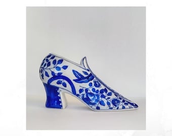 Hand Painted Porcelain Shoe Vase: Blue Floral Ceramic Planter. Hand painted Victorian shoe/boot Figurine.
