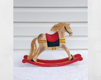 Vintage handcrafted wooden rocking horse.  Straw mane and tail . Doll rocking horse. Rocking horse figure. 14.75 X 10"