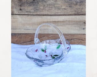 Mikasa Celebrations merry holly and berries glass Christmas basket with poseable scalloped handle.  Holly bowl.  Christmas candy basket