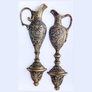 MCM Homeco / Dart Ewer pitcher (2) black/gold wall decor plaques 7283.  wall hanging. Hollywood regency.  1970s wall decor. syroco wall art