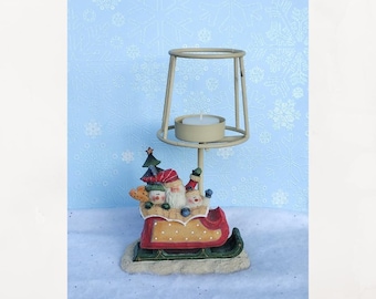 Vintage Christmas Santa and snowman sleigh ride tealight candle lamp.  Holiday Decor.  Vintage Christmas. 8" X 5.25"