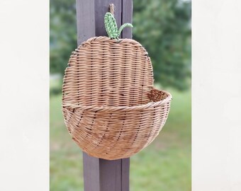 Vintage large woven wicker/rattan apple wall pocket basket. Hanging basket woven . Basket wall pocket.  Metal base.