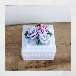 Vintage Porcelain Trinket Box: Pink & Purple Roses, Lidded Vanity Dish