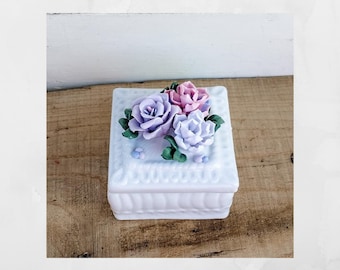 Vintage Porcelain Trinket Box: Pink and Purple Roses, Lidded trinket box.  Jewelry dish.