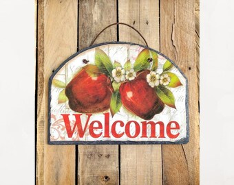 Vintage slate welcome sign.  Apples and flowers. Hanging welcome sign.  Front door sign.  Youngs inc.  13" X 9.75"