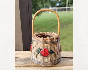 Vintage hand woven apple accented basket with handle.  Made in Philippines.  Decorative baskets.  Small hand woven basket with handle.