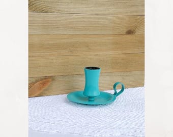 Vintage Laurids  Lonborg Denmark enameled  and wood candlestick holder with fingerloop.  Art Deco candle.  Blue candle stick holder.