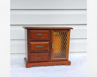 Vintage wooden jewelry box.  Velvet lined drawered jewelry chest.  Tabletop jewelry box.
