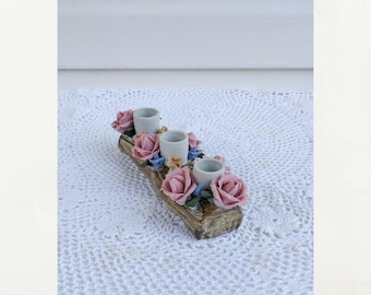Vintage porcelain pink rose triple candlestick holder.  Taper candle holder.  Floral candle holder. Tabletop candlestick holder.