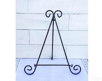 Black metal scroll tabletop display easel stand.  Picture frame stand.  Plate display stand. Small art display easel.  12.5" X 11.25"