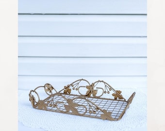 Vintage gold metal wire tray.  Leaf design. Decorative tray with handles.  18" X 10.5"